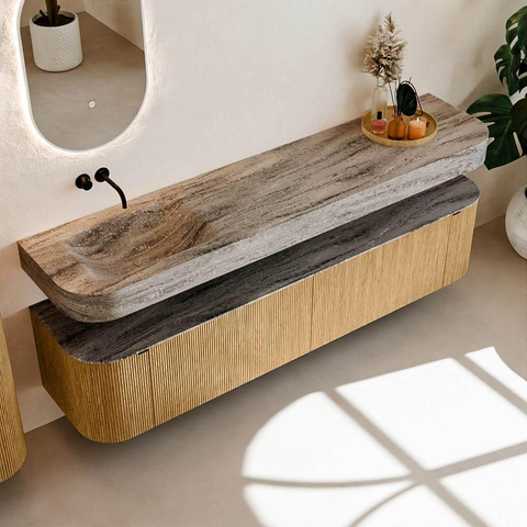 MONDIAZ THOR-DLUX 200cm meuble de salle de bains arrondi gauche + droite couleur Oak avec 2 tiroirs et 2 portes. Vasque suspendue CLOUD gauche sans trou de robinet couleur Oza. SW1467717