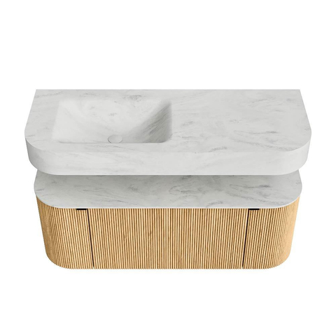 MONDIAZ THOR-DLUX 120cm meuble de salle de bains arrondi gauche + droite couleur Oak avec 1 tiroir et 2 portes. Vasque suspendue CLOUD gauche 1 trou de robinet couleur Opalo. SW1463093