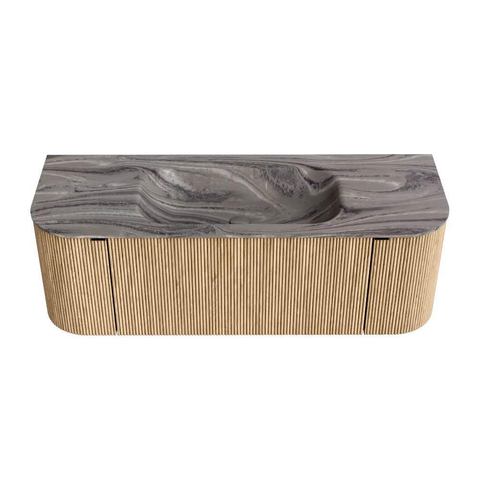 MONDIAZ KURVE-DLUX Meuble de salle de bains 130cm arrondi Gauche + Droite couleur Chêne avec 1 tiroir et 2 portes. Lavabo BIG SMALL Central sans trou de robinet Sombra. SW1433546
