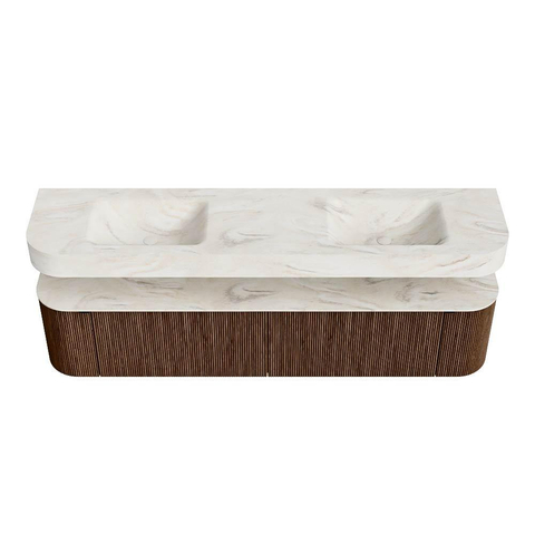 MONDIAZ THOR-DLUX 200cm meuble de salle de bains arrondi gauche + droite couleur Walnut avec 2 tiroirs et 2 portes. Vasque suspendue CLOUD Double 2 trous de robinet couleur Ostra. SW1467013