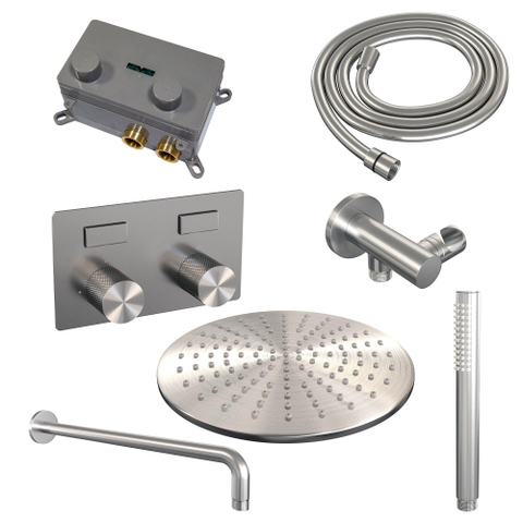 BRAUER Brushed Carving Douche de pluie thermostatique encastrée - boutons-poussoirs - SET 52 - pomme de douche 30cm - bras mural courbé - douchette à main barre - flexible de douche - coude mural - inox brossé PVD SW925448