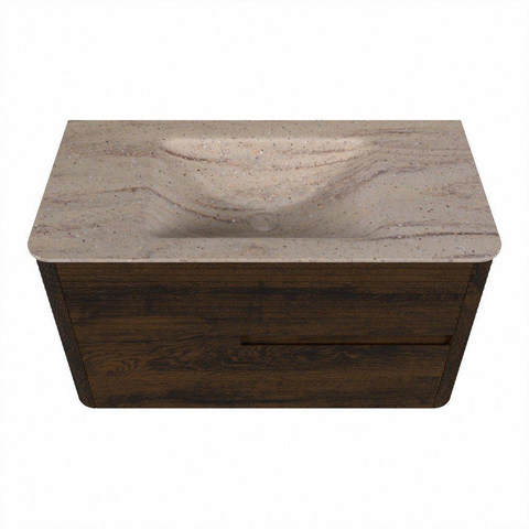 Mondiaz CIRO-DLUX Meuble de salle de bains - 90x45x50cm - lavabo Solid Surface Saba - 1 vasque centrale - sans trous de robinet - 2 tiroirs - Noyer SW1530673