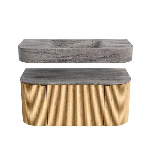 MONDIAZ THOR-DLUX 100cm meuble de salle de bains arrondi gauche + droite couleur Oak avec 1 tiroir et 2 portes. Vasque suspendue CLOUD Milieu sans trou de robinet couleur Oza. SW1467570
