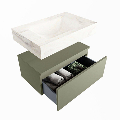 Mondiaz ALAN-DLUX Ensemble de meuble - 70cm - meuble Army mat - 1 tiroir - Lavabo Cloud Ostra suspendu - vasque Centre - 1 trou de robinet SW807525