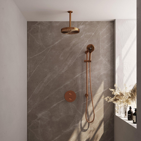BRAUER Stripe Thermostatische Inbouw Regendouche - 3-weg - rond - SET 48 - 25cm douchekop - plafondarm - 3-standen handdouche - doucheslang - geïntegreerde glijstang - koper geborsteld PVD SW1434947
