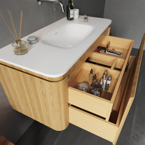 Royal Plaza Terra Ensemble meuble de salle de bains - 100x46.2x46cm - vasque en solid surface blanc brillant - 1 vasque - sans trou de robinet - 2 tiroirs - sandwood (chêne clair) SW1447023