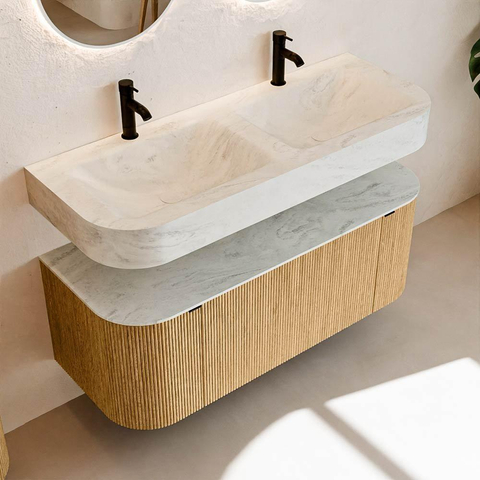 MONDIAZ THOR-DLUX 120cm badmeubel ronding links + rechts kleur Oak met 1 lade en 2 deuren. Vrijhangende wastafel CLOUD Dubbel 2 kraangaten kleur Opalo. SW1463124
