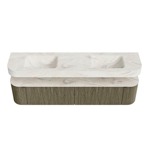 MONDIAZ THOR-DLUX 200cm meuble de salle de bains arrondi gauche + droite couleur Shadow avec 2 tiroirs et 2 portes. Vasque suspendue CLOUD Double 2 trous de robinet couleur Ostra. SW1467051