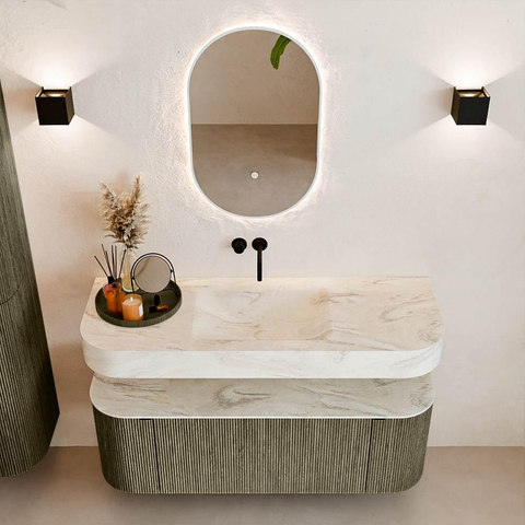 MONDIAZ THOR-DLUX 130cm meuble de salle de bains arrondi gauche + droite couleur Shadow avec 1 tiroir et 2 portes. Vasque suspendue CLOUD Milieu sans trou de robinet couleur Ostra. SW1463767