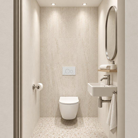 Adema Salina 2.0 Toiletset - 48.5x36x32cm - diepspoel - spoelrandloos - QeramiQ inbouwreservoir - softclose - quickrelease - toiletzitting - wit marmeren natuurstenen bedieningsplaat - ronde knoppen - wit SW1474565