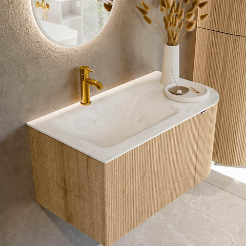 MONDIAZ KURVE-DLUX meuble de salle de bains 85cm avec module 25 R couleur chêne avec 1 tiroir et 1 porte. Lavabo CLOUD gauche 1 trou de robinet couleur Opalo. SW1137504