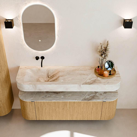 MONDIAZ THOR-DLUX 150cm badmeubel ronding links + rechts kleur Oak met 1 lade en 2 deuren. Vrijhangende wastafel CLOUD Links zonder kraangat kleur Frappe. SW1464585