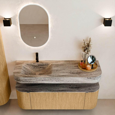 MONDIAZ THOR-DLUX 140cm meuble de salle de bains arrondi gauche + droite couleur Oak avec 1 tiroir et 2 portes. Vasque suspendue CLOUD Gauche 1 trou de robinet couleur Oza. SW1464292