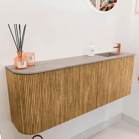 Mondiaz JOYA-DLUX Meuble de toilette - arrondi gauche couleur Chêne - Vasque FAYE position Droite 1 trou de robinet couleur Saba SW1424231