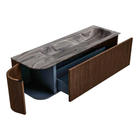 MONDIAZ KURVE-DLUX Meuble de salle de bains 145cm arrondi à gauche couleur Walnut avec 1 tiroir et 1 porte. Lavabo BIG LARGE à droite sans trou de robinet Sombra. SW1433675