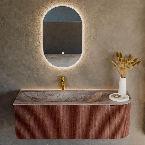 MONDIAZ KURVE-DLUX Meuble de salle de bains 125cm arrondi à droite couleur Ruby avec 1 tiroir et 1 porte. Vasque BIG MEDIUM gauche 1 trou de robinet Oza. SW1432808