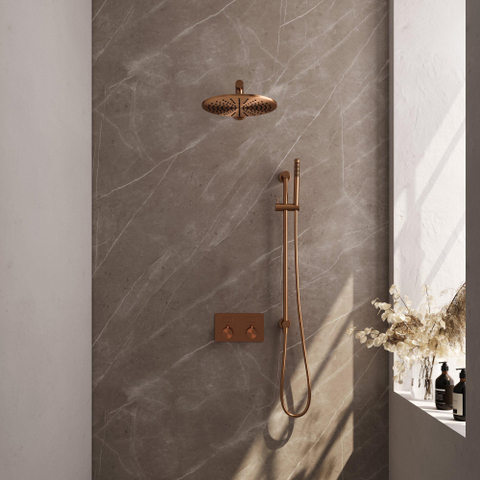 BRAUER Copper Edition Thermostatische Regendouche inbouw - drukknoppen - SET 62 - 30cm hoofddouche - rechte muurarm - staaf handdouche - doucheslang - geïntegreerde glijstang - koper geborsteld PVD SW925606
