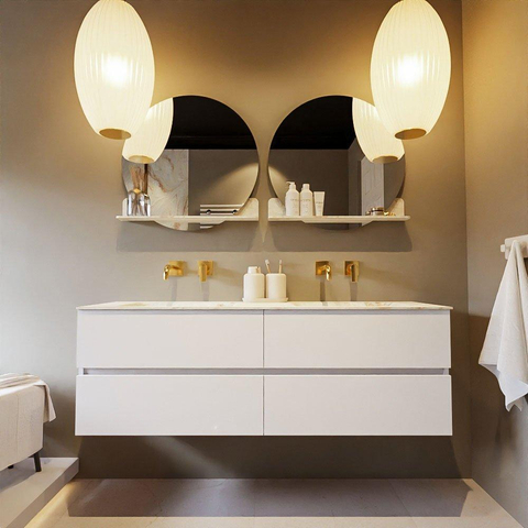 MONDIAZ VICA-DLUX Ensemble meuble de salle de bains - 150cm - meuble bas talc - 4 tiroirs - vasque encastrée cloud double - sans trous de robinet - version hauteur 60cm - frape SW1088617