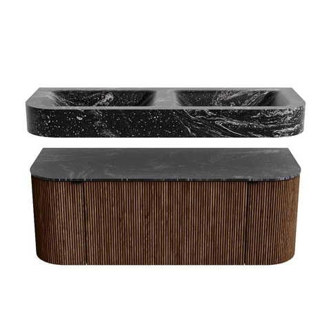 MONDIAZ THOR-DLUX 120cm badmeubel ronding links + rechts kleur Walnut met 1 lade en 2 deuren. Vrijhangende wastafel CLOUD Dubbel 2 kraangaten kleur Lava. SW1463211
