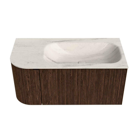 MONDIAZ KURVE-DLUX 95cm badmeubel ronding Links kleur Walnut met 1 lade en 1 deur. Wastafel BIG SMALL Rechts zonder kraangat Meli. SW1434020