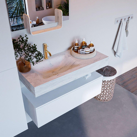 Mondiaz ALAN-DLUX Ensemble de meuble - 100cm - meuble Talc mat - 1 tiroir - Lavabo Cloud Opalo suspendu - vasque Gauche - 1 trou de robinet SW806183