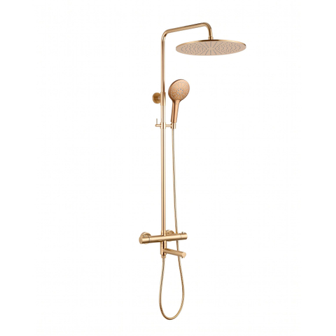 Fortifura Calvi Regendoucheset - thermostatisch - 30cm hoofddouche - metalen slang - ronde handdouche - draaibare baduitloop - Geborsteld Messing PVD (Goud) SW1592481