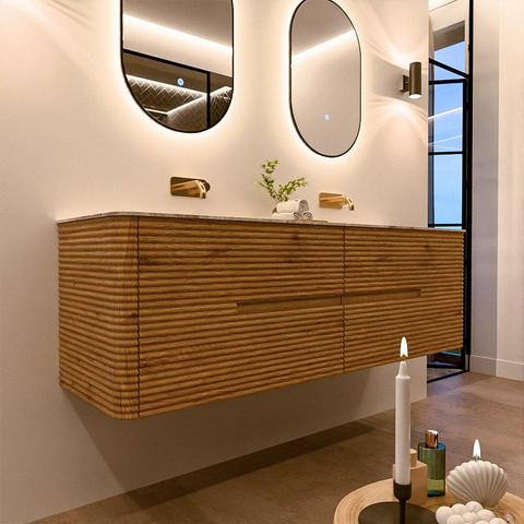 Mondiaz CIRO-DLUX Ensemble de meubles de salle de bains - 160x45x50cm - Plan-vasque solid surface Frappe - 2 vasques double - sans trous de robinetterie - 4 tiroirs - Chêne SW1530901