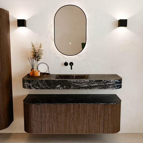 MONDIAZ THOR-DLUX 130cm meuble de salle de bains arrondi gauche + droite couleur Walnut avec 1 tiroir et 2 portes. Vasque suspendue CLOUD Milieu sans trou de robinet couleur Lava. SW1467653