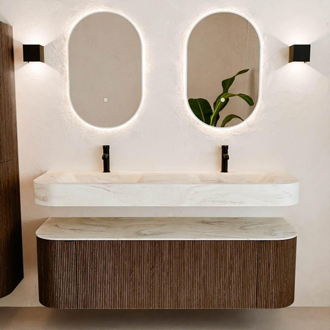 MONDIAZ THOR-DLUX 150cm badmeubel ronding links + rechts kleur Walnut met 1 lade en 2 deuren. Vrijhangende wastafel CLOUD Dubbel 2 kraangaten kleur Ostra. SW1464515