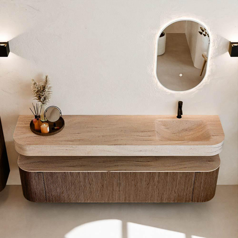 MONDIAZ THOR-DLUX Meuble de salle de bains 190cm arrondi gauche + droite couleur Walnut avec 2 tiroirs et 2 portes. Vasque suspendue CLOUD Droite 1 trou de robinet couleur Saba. SW1466655