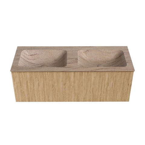 MONDIAZ KURVE-DLUX Meuble de salle de bains 120 cm couleur chêne avec 1 tiroir et 0 porte. Plan-vasque LEAF double sans trou de robinet Saba. SW1433106