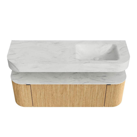 MONDIAZ THOR-DLUX 140cm meuble de salle de bains arrondi gauche + droite couleur Oak avec 1 tiroir et 2 portes. Vasque suspendue CLOUD droite sans trou de robinet couleur Opalo. SW1463955
