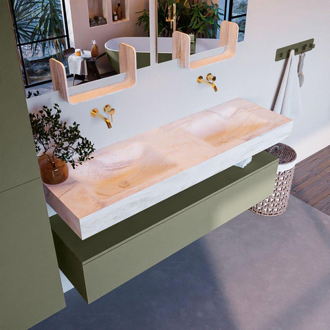 Mondiaz ALAN-DLUX Ensemble de meuble - 150cm - meuble Army mat - 1 tiroir - Lavabo Cloud Ostra suspendu - vasque gauche et droite - 0 trous de robinet SW807424