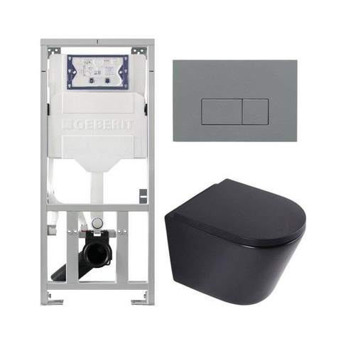 QeramiQ Dely Pack WC - 36,3x51,7cm - à fond creux - sans bride - réservoir encastré Geberit UP320 - abattant WC softclose 35 mm - plaque de déclenchement gris clair - boutons rectangulaires - noir mat SW1235412