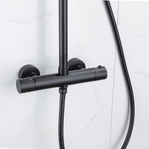 FugaFlow Eccelente Ensemble de douche de tête - thermostatique - douche de tête 30cm - flexible lisse - douchette à main sur barre - noir mat SW1451057