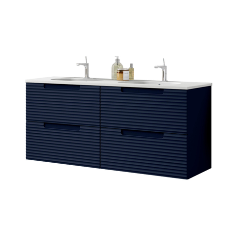 Saniclass Prime Balance Meuble de salle de bain - 120x55x45cm - 2 vasques rectangulaires en céramique blanc - 2 trous de robinet - 4 tiroirs - miroir rectangulaire - mat marine bleu SW916239