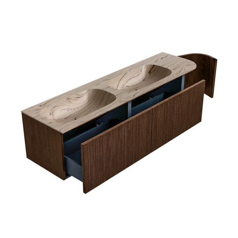 MONDIAZ KURVE-DLUX 165cm badmeubel ronding Rechts kleur Walnut met 2 lades en 1 deur. Wastafel STOR SMALL Dubbel / Links zonder kraangat Arena. SW1431241