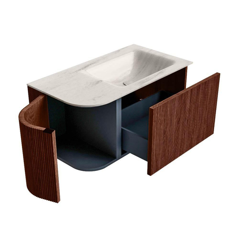 MONDIAZ KURVE-DLUX Meuble de salle de bains 85cm arrondi à gauche couleur Ruby avec 1 tiroir et 1 porte. Lavabo CLOUD à droite sans trou de robinet Meli. SW1431952