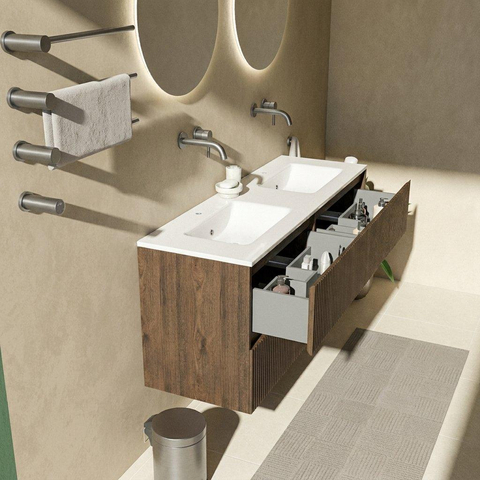 Saniclass Holz Atelier Ensemble meuble de salle de bains - 140x45x62cm - lavabo Vygo en céramique blanc - 2 vasques - sans trous de robinetterie - 4 tiroirs - chêne charcoal brillant (bois) SW1437737