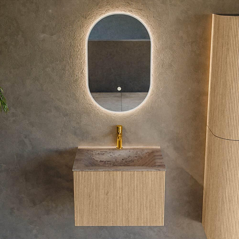 MONDIAZ KURVE-DLUX Meuble de salle de bains 60 cm couleur Chêne avec 1 tiroir et 0 porte. Lavabo CLOUD Central 1 trou de robinet Oza. SW1432604