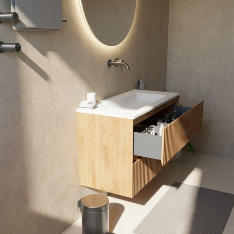 Saniclass Holz Atelier Badkamermeubelset - 100x45x77.5cm - Torino solid surface wastafel wit - zonder kraangat - 2 lades - mat eiken natural (hout) SW1478657