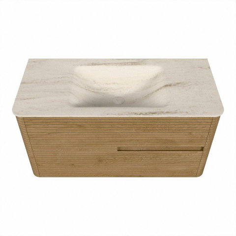 Mondiaz CIRO-DLUX Ensemble de meuble de salle de bains - 100x45x50cm - plan-vasque solid surface Meli - 1 bassin au milieu - sans trous de robinet - 2 tiroirs - chêne SW1531378
