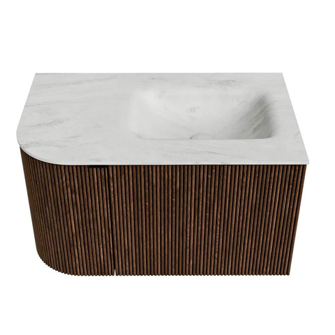 MONDIAZ KURVE-DLUX Meuble de salle de bains 75cm avec module 25 L couleur Walnut avec 1 tiroir et 1 porte. Lavabo GRUNNE droit 1 trou de robinet couleur Opalo. SW1137604
