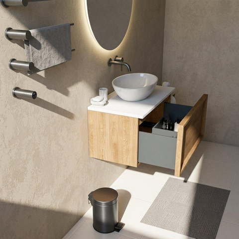 Saniclass Holz Frame Badkamermeubelset - 80x45x42.5cm - Torino solid surface topblad wit - zonder kraangat - 1 lade - mat eiken natural (hout) SW1478697