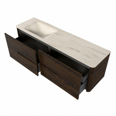 Mondiaz CIRO-DLUX Meuble de salle de bains - 160x45x50cm - Plan-vasque en solid surface Meli - 1 vasque à gauche - sans trous de robinetterie - 4 tiroirs - Noyer SW1530534