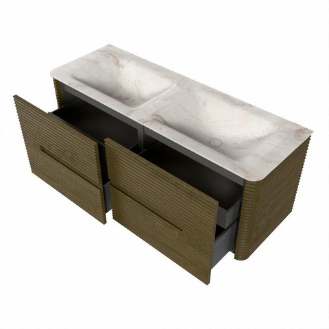 Mondiaz CIRO-DLUX Badkamermeubelset - 130x45x50cm - Solid surface wastafel Frappe - 2 wasbak Dubbel - zonder kraangaten - 4 lades - Dusk SW1532820