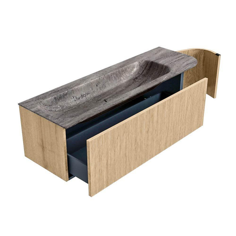 MONDIAZ KURVE-DLUX 145cm meuble de salle de bains arrondi droite couleur chêne avec 1 tiroir et 1 porte. Lavabo BIG LARGE gauche 2 trous de robinet Oza. SW1432654