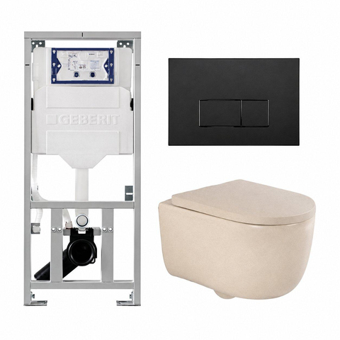 QeramiQ Dely Swirl Toiletset - 36.3x51.7cm - Geberit UP320 inbouwreservoir - met Burda frame - 35mm zitting - mat zwarte bedieningsplaat - rechthoekige knoppen - mat beige SW1138597