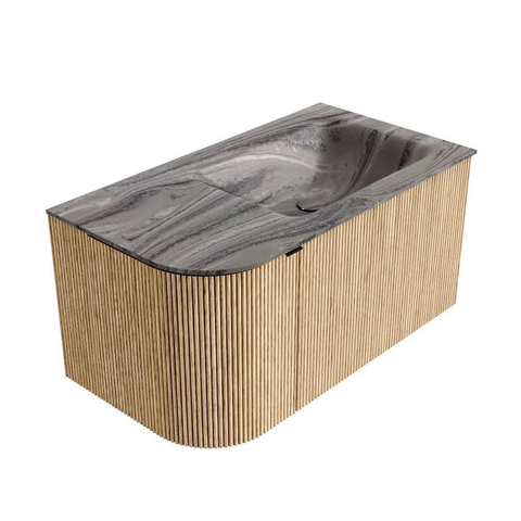 MONDIAZ KURVE-DLUX 85cm badmeubel ronding Links kleur Oak met 1 lade en 1 deur. Wastafel CLOUD Rechts zonder kraangat Sombra. SW1433528