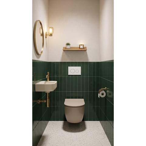 QeramiQ Dely Swirl Ensemble WC- 36.3x51.7cm - Réservoir encastré Geberit UP320 - abattant fin - Plaque de commande blanche brillante - Boutons ronds - Beige SW1130210